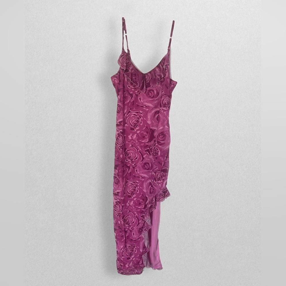 Elegant Pink Floral Maxi Dress with Side Slit - Size Large